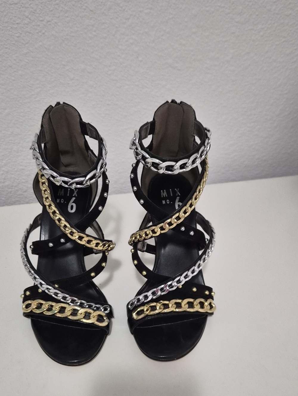Mix No. 6 Black Strappy Heels with Gold & Silver Chain Accents